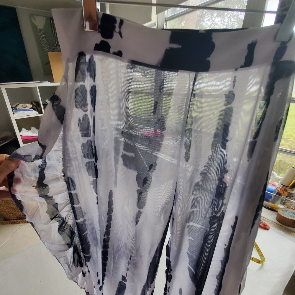 Tie Dye Transparent Mesh Beach Pants High Waist Wide Leg White & Navy Blue M - Picture 5 of 11